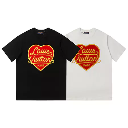 ルイヴィトンTシャツメンズ/レディース | ハート刺繍 ロゴ | 上質コットン  LVハートコットンメンズ/レディースTシャツ