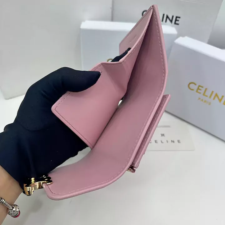 Celineブランド セリーヌピンクレザー財布 ショートタイプ折り畳みバックル財布 Celine人気女子財布専門店cabayacase